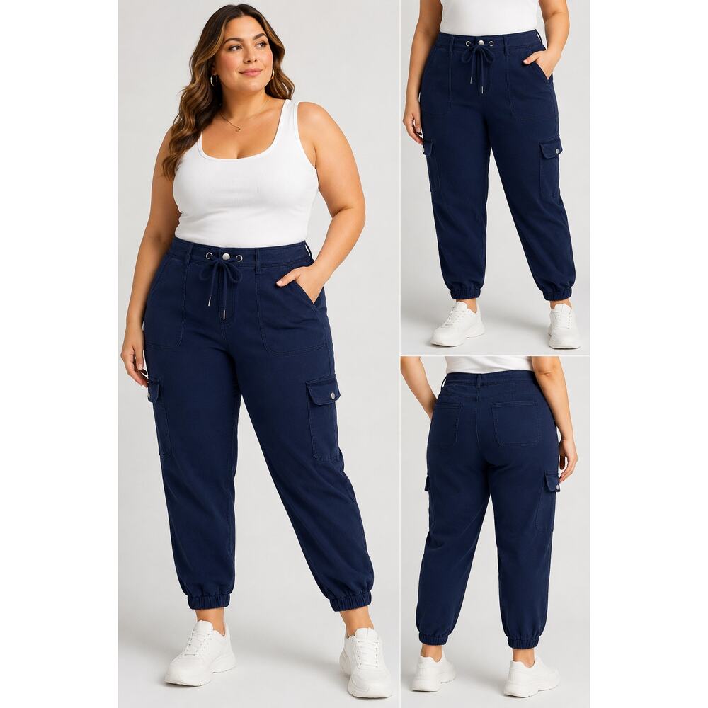 Flamingals Navy Cargo Jogger Pants Tie Front Plus Size 16-18  NWT